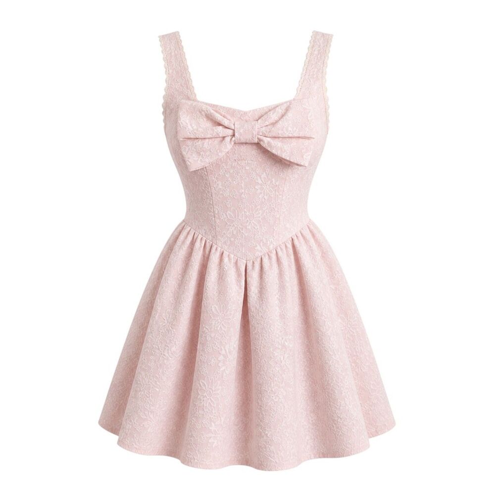 Pink Jacquard Cami Dress Medium Bow Formal Graduation Party Dress